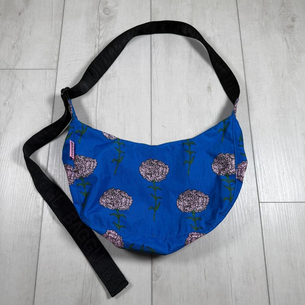 Baggu x Boygenius Cross Body Bag Blue Medium Nylon Crescents Floral RARE